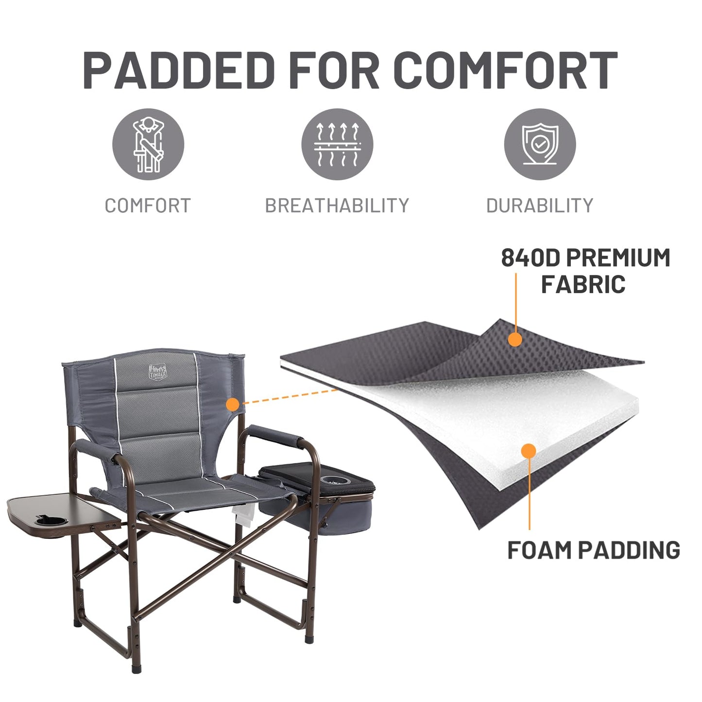 TIMBER RIDGE Lightweight Camping Chair, Portable Laurel Director's Chair with Foldable Side Table, Cooler Bag & Mesh Pocket, Compact Outdoor Folding Lawn Chair, Supports 300lbs, Grey