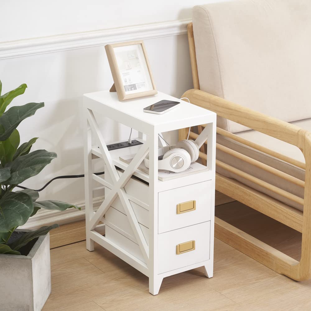 BECTSBEFF Fully Assembled Narrow Side Table with Charging Station, No Assembly Narrow Nightstand with USB Ports, Pre Assembled Skinny End Table with Outlets for Living Room, Bedroom-White