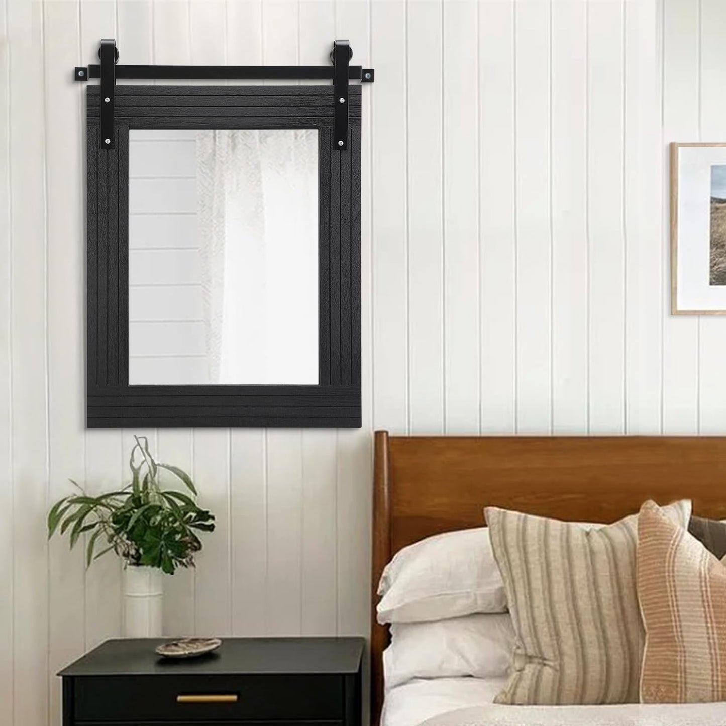 AAZZKANG Black Mirror Large 26"x18" Barn Door Rustic Mirror with Wood Frame Rectangle Decorative Bathroom Bedroom Farmhouse Mirror Wall Decor
