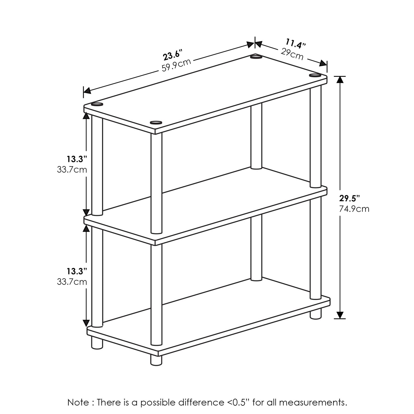 Furinno TURN-N-TUBE Storage Shelves, 3-Tier Book Shelf, Corner Shelf, Toolless Open Shelves, for Organization and Storage, Living Room, Garage, Home Office, Black