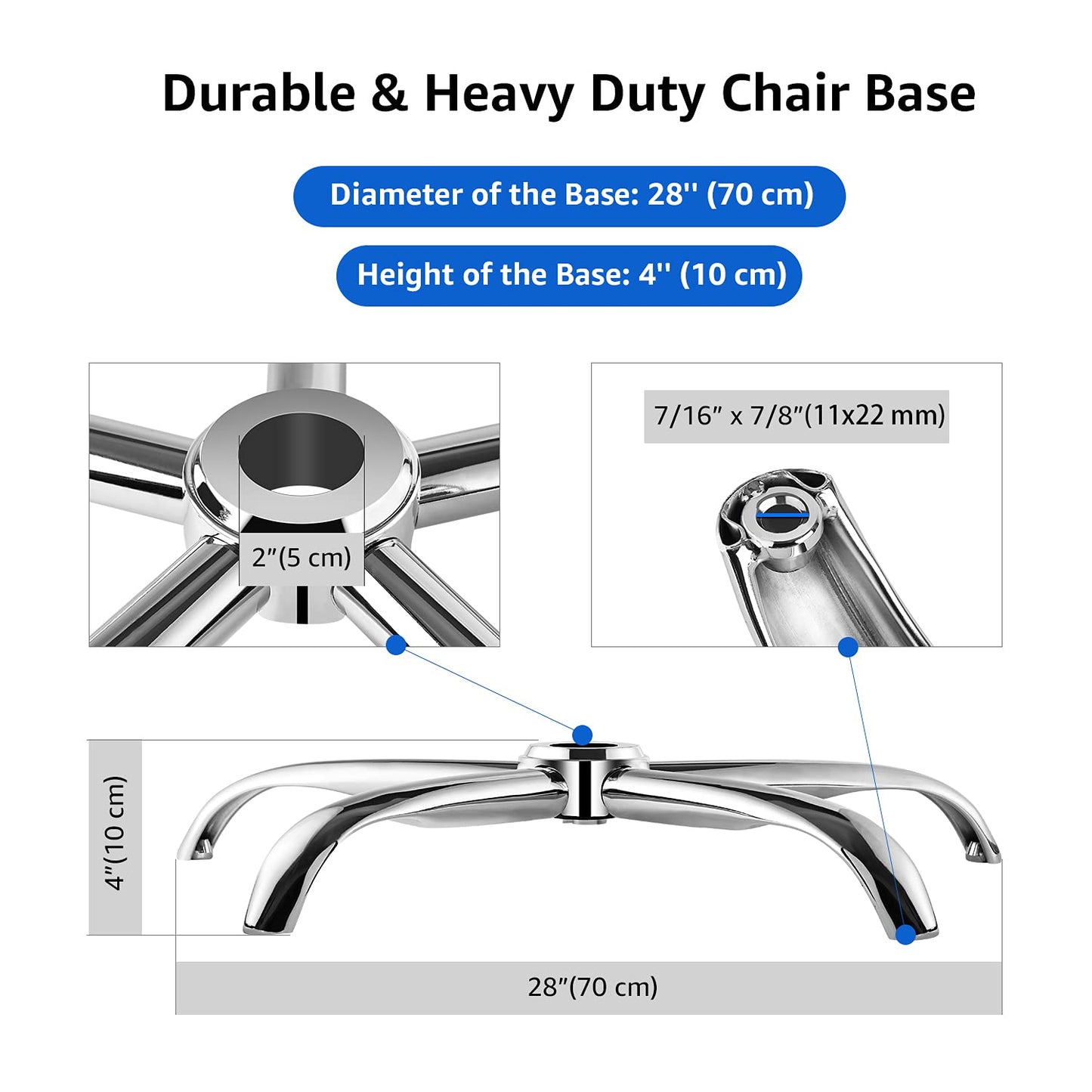 Mastery Mart Office Chair Base Replacement, 28 Inch Heavy Duty(2500 Lbs) Metal Leg, Reinforced to Repair Swivel Gaming Chair Bottom Part with Universal Caster and Gas Cylinder Size (Silver)
