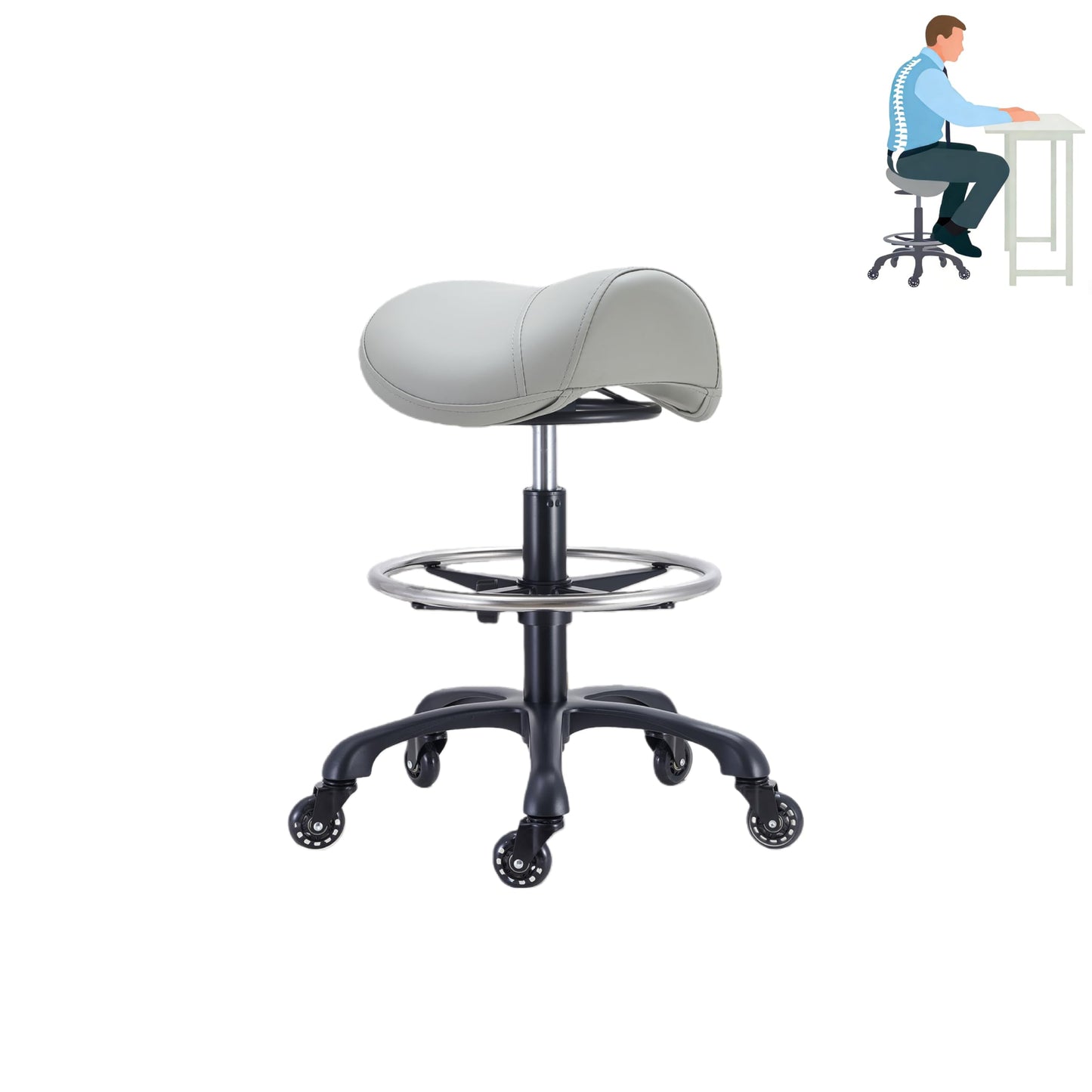 Coczeb Saddle Salon Stool with Footrest,Heavy Duty, Adjustable Height((22.5" -30.7 "), Rolling Esthetician Chair for Tattoo Spa Medical Dentist Clinic(Gray)