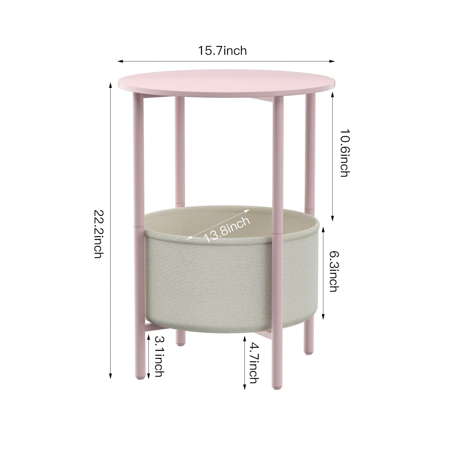 DGSANDGO Round End Table with Fabric Basket, Bedside Table with Storage, Morden Round Nightstand, Samll Side Table for Living Room，Bathroom，Bedroom, Nursery, Laundry, Pink