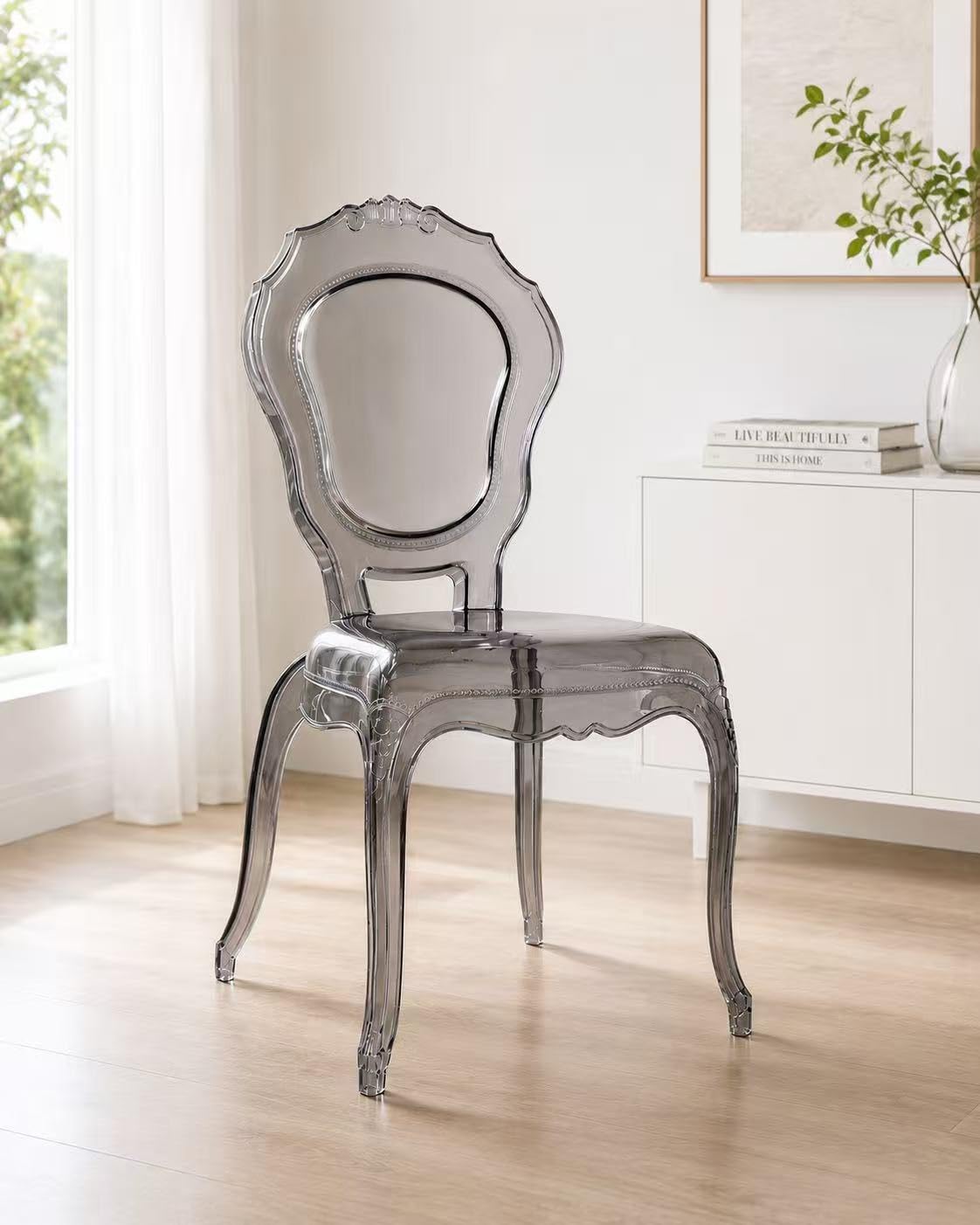 2xhome Stackable Ghost Dining Chair | Transparent Vanity Armchair | Louis Belle Style Kitchen Patio Chair Parent (1, Smoke, Armless)