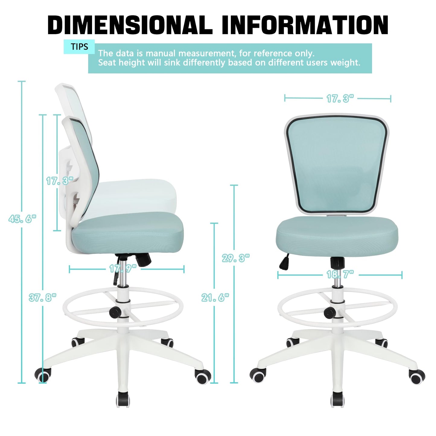HYLONE Drafting Chair Adjustable Height Tall Office Chairs Standing Desk Chair Rolling Stool Chair Armless Office Drafting Chair Blue
