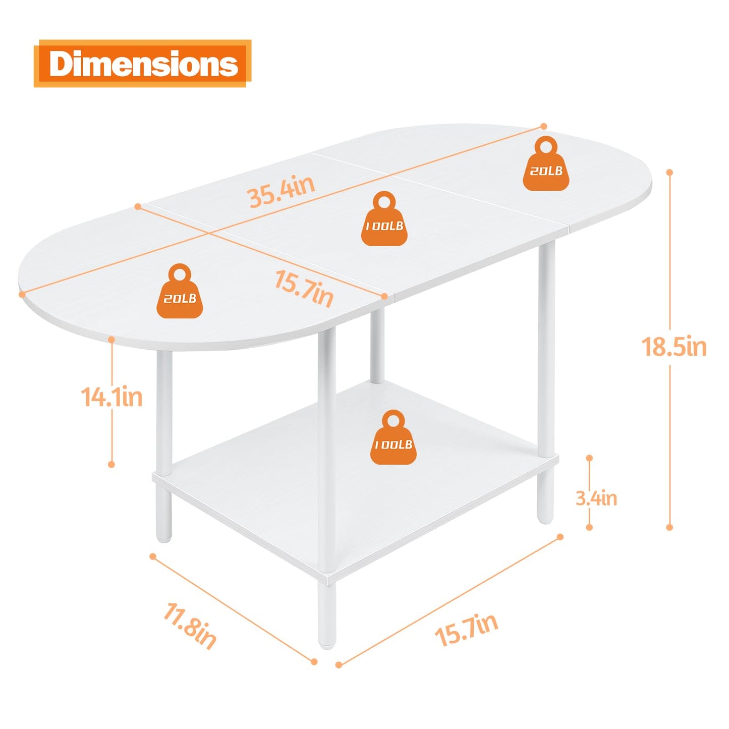 White Coffee Tables for Living Room,2-Tier Small Coffee Table Industrial Modern Oval Center Table with Storage Shelf and Wood Tabletop,for Small Space,Home Office