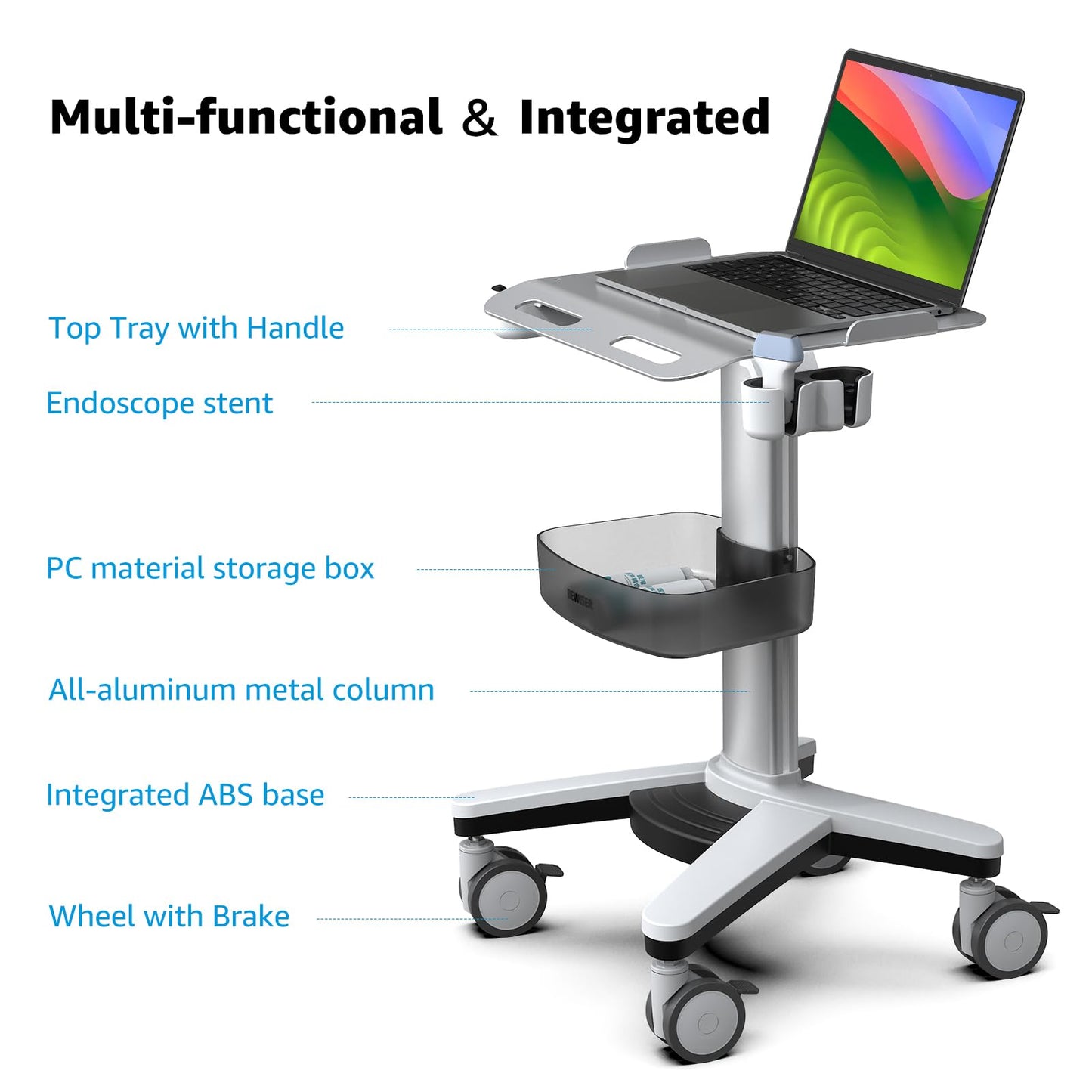 BEWISER Medical Trolley Laptop Cart with Oral Scanner Holder, Mobile Workstation on Lockable Wheels, Ultrasound Scanner Storage Cart for Hospital Dental Clinic, Salon and Labs