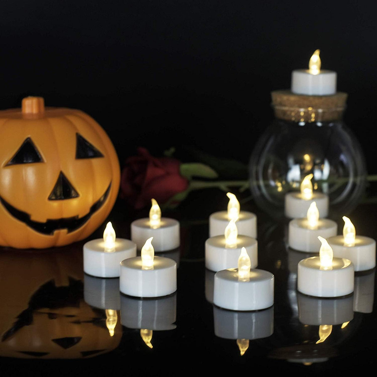 LED Tea Lights Flameless Candles: Battery Operated Bulk 50-Pack Realistic and Bright Flickering Long Lasting 200 Hours Electric Tealight Candles for Home Decor Halloween Christmas Wedding (White)