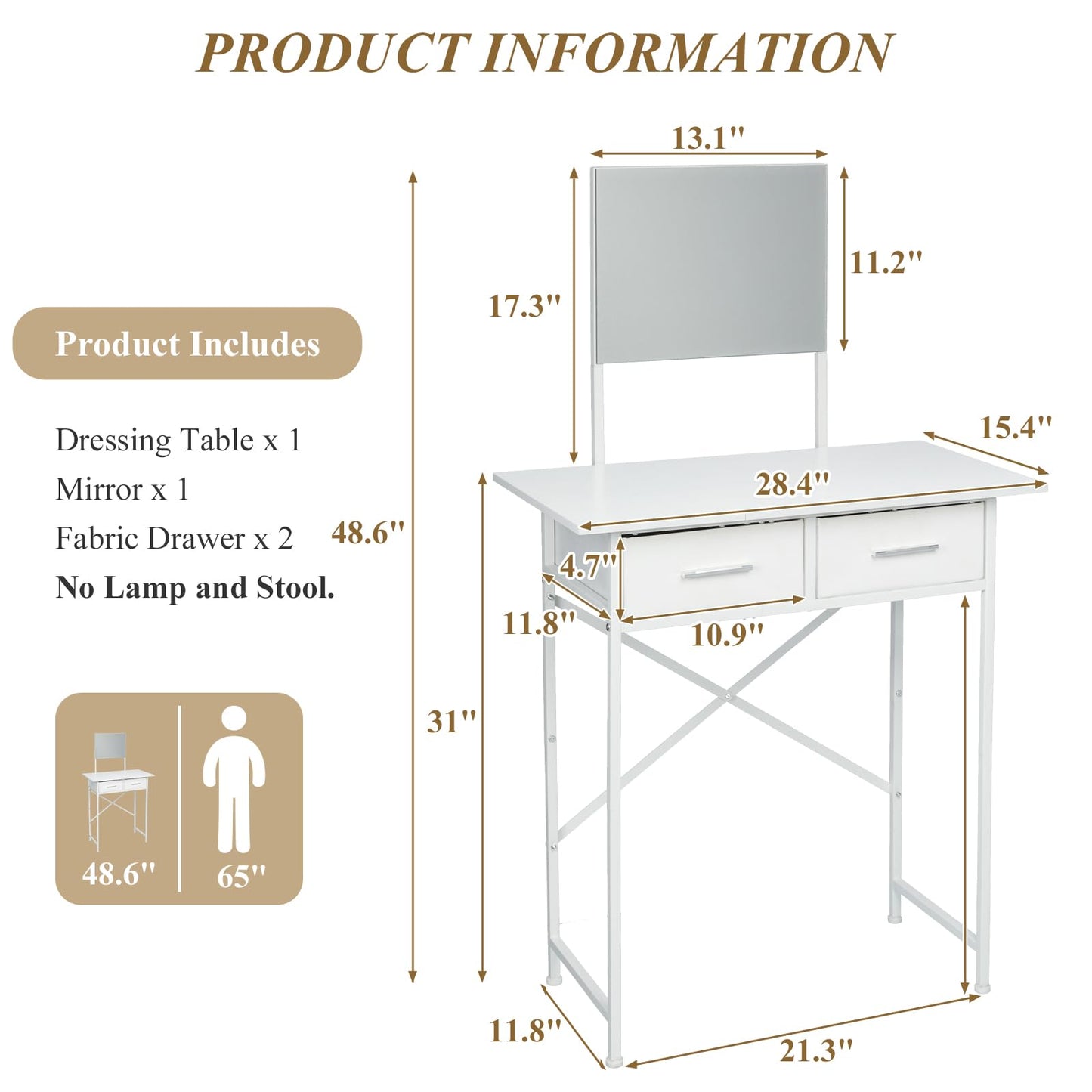 Jakyitvi Small Vanity Desk with Mirror and Drawers, White Makeup Vanity Table with Storage, Compact Vanity for Bedroom, Modern Makeup Desk for Girls, Space-Saving Vanity Table