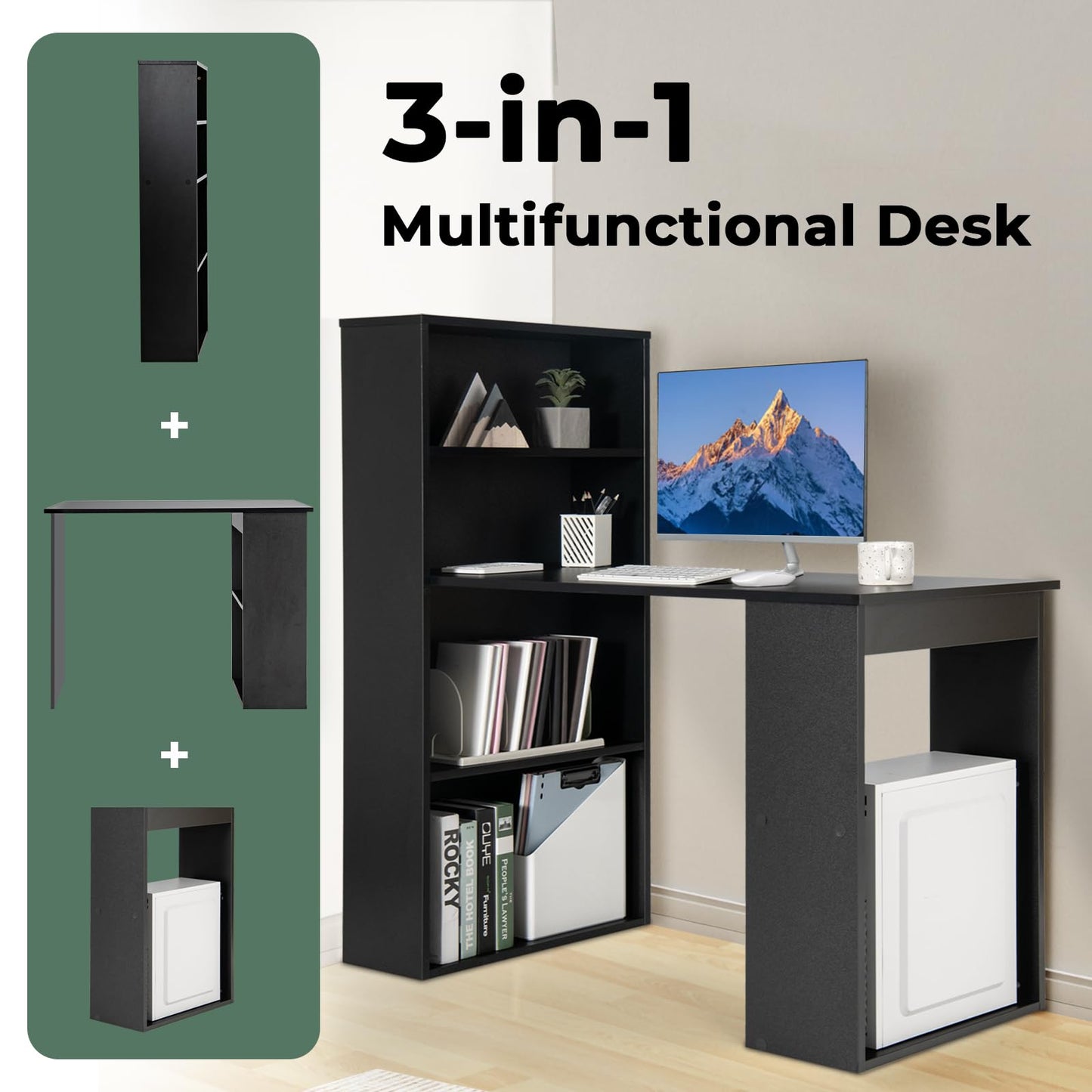Giantex 48 Inch Computer Desk with Bookshelf, 3-in-1 Home Office Desk with 4-Tier Bookcase & CPU Stand, Space-Saving Reversible Writing Desk Work Table for Bedroom, Study Room, Office (Black)