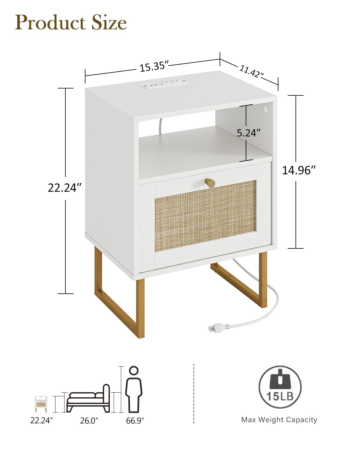 Masupu Rattan Nightstand with Charging Station,Modern Boho Farmhouse Wood Bedside Table with Storage Drawer and Open Shelf,Small Gold Frame Side End Table for Bedroom,Living Room,Office White
