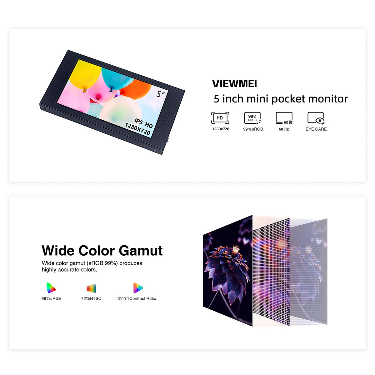 VIEWMEI 5 inch Touch Screen Monitor, 1280x720 Mini IPS Display, HDMI PC Monitor with HDMI Inputs Compatible with Raspberry Pi, PC, Laptop