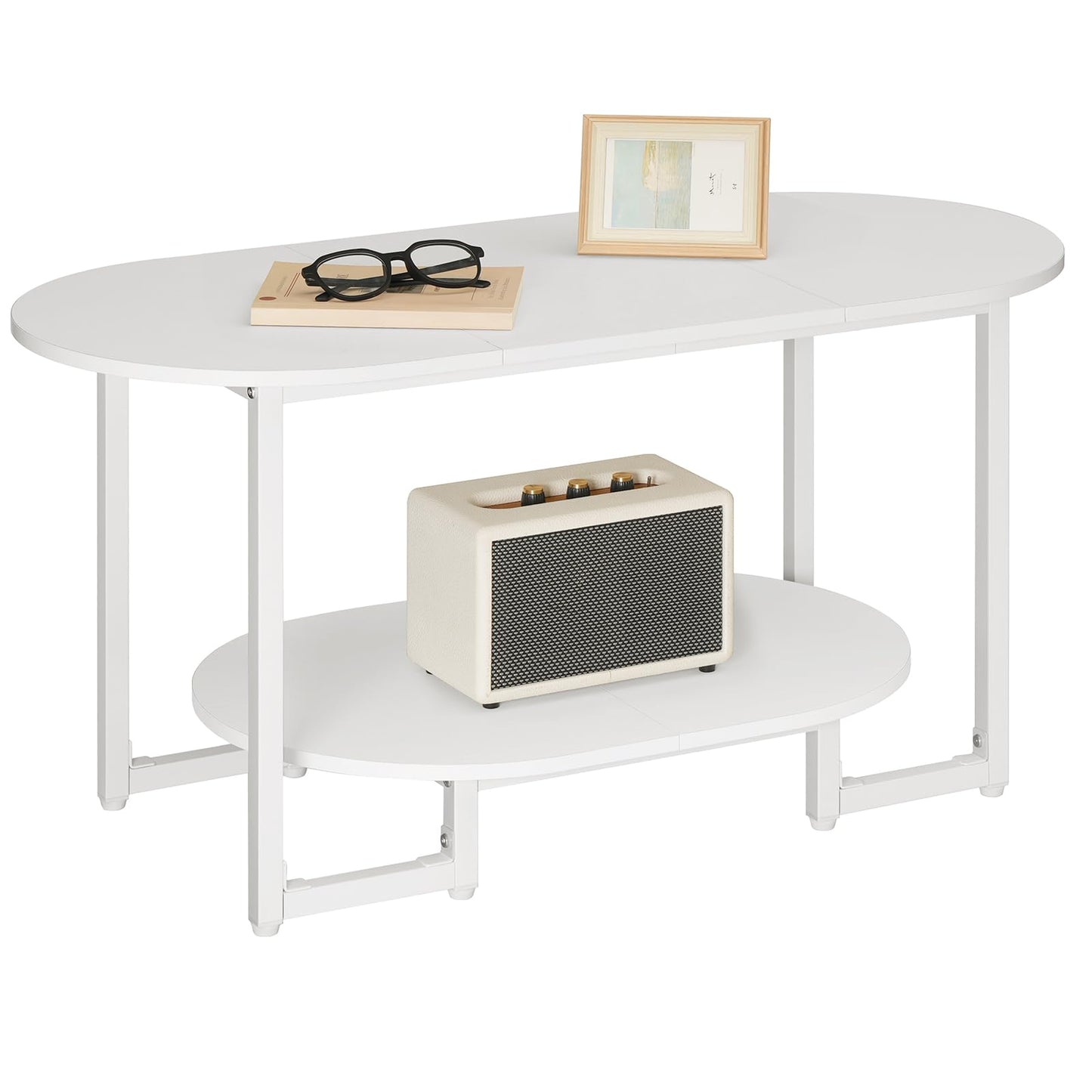 HOOBRO Coffee Table for Living Room, Oval Small Coffee Table with 2-Tier Open Storage Shelf, Industrial Cocktail Tea Table, Wooden Desktop Center Table, Farmhouse, Home Office, White WW09KF01