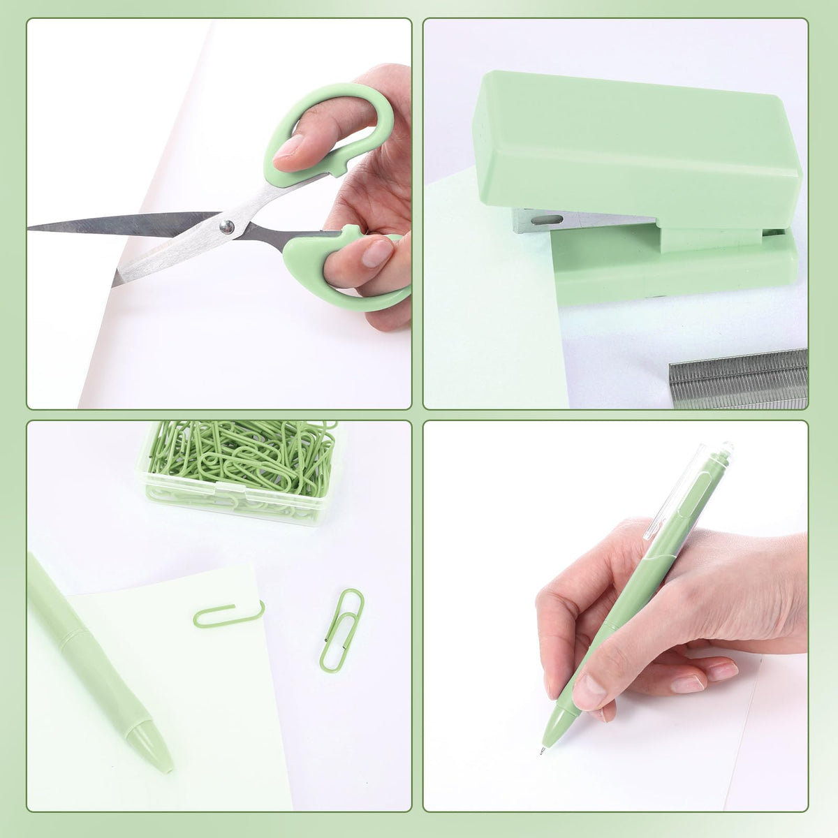 Humyoun Mini Green Office Supplies Kit Green School Supplies Christmas Gift Desk Accessories with Gel Pens Sticky Notes Stapler Scissor Paper Clips Index Tabs Box Cutter for Christmas Gifts Office