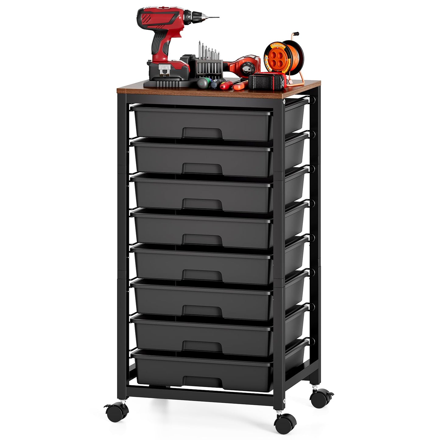 SYKIARIOL Rolling Storage Cart with Drawers,Utility Cart With 8 Drawers and Wooden Tabletop,Rolling Drawer Cart,Storage Drawer Cart for Living Room,Classroom,Bedroom,Bathroom,Dorm,Office, Black
