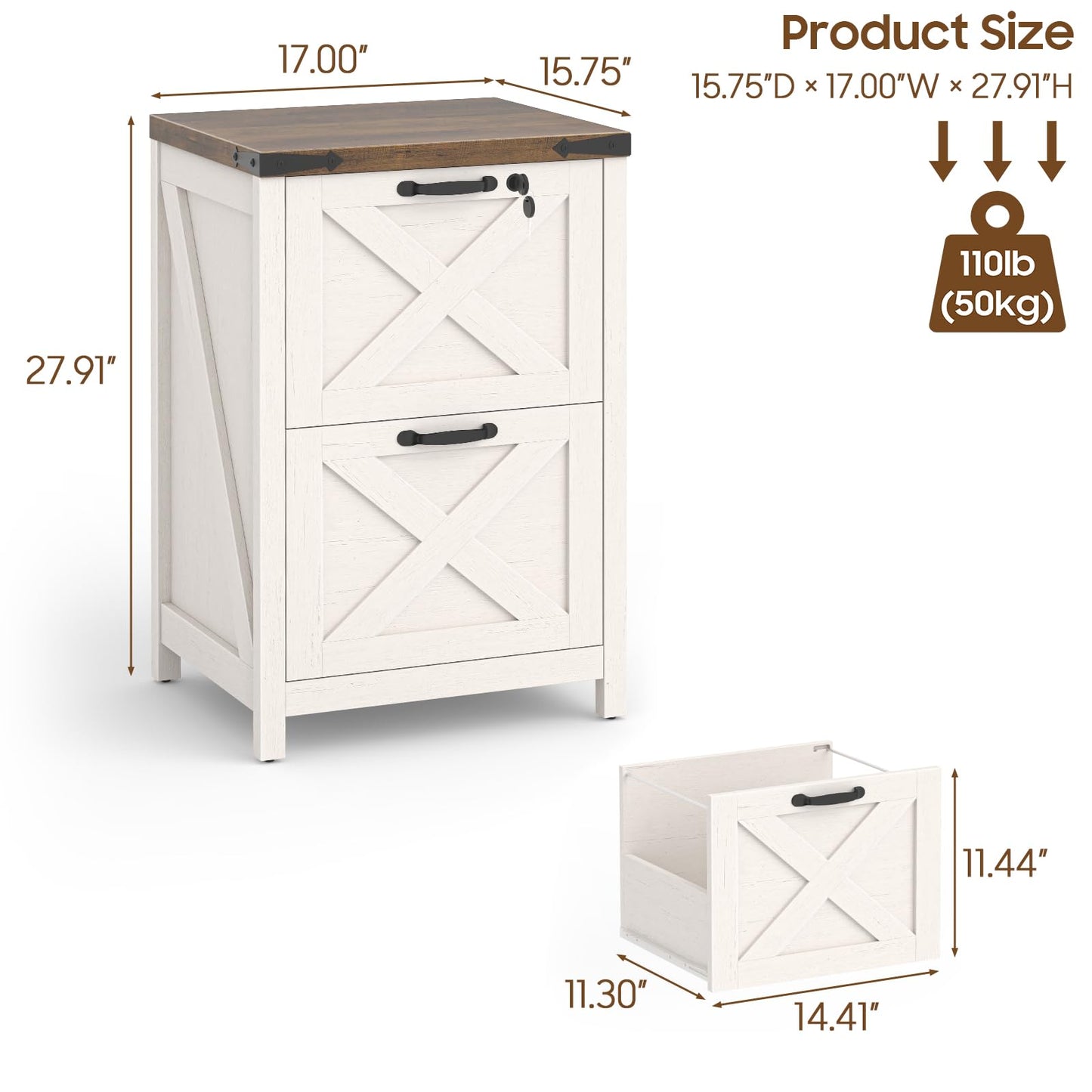 Halitaa 2 Drawer Small File Cabinet with Lock, Farmhouse Vertical Filing Cabinet Fits Letter and A4 Size, Under Desk Wooden File Cabinets for Home Office, Printer Stand, Rustic White