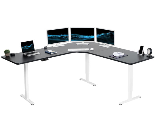 VIVO Electric Height Adjustable 83 x 83 inch Curved Corner Stand Up Desk, Black Table Top, White Frame, Memory Controller, L-Shaped Workstation, E3C Series, DESK-KIT-E3CW83B