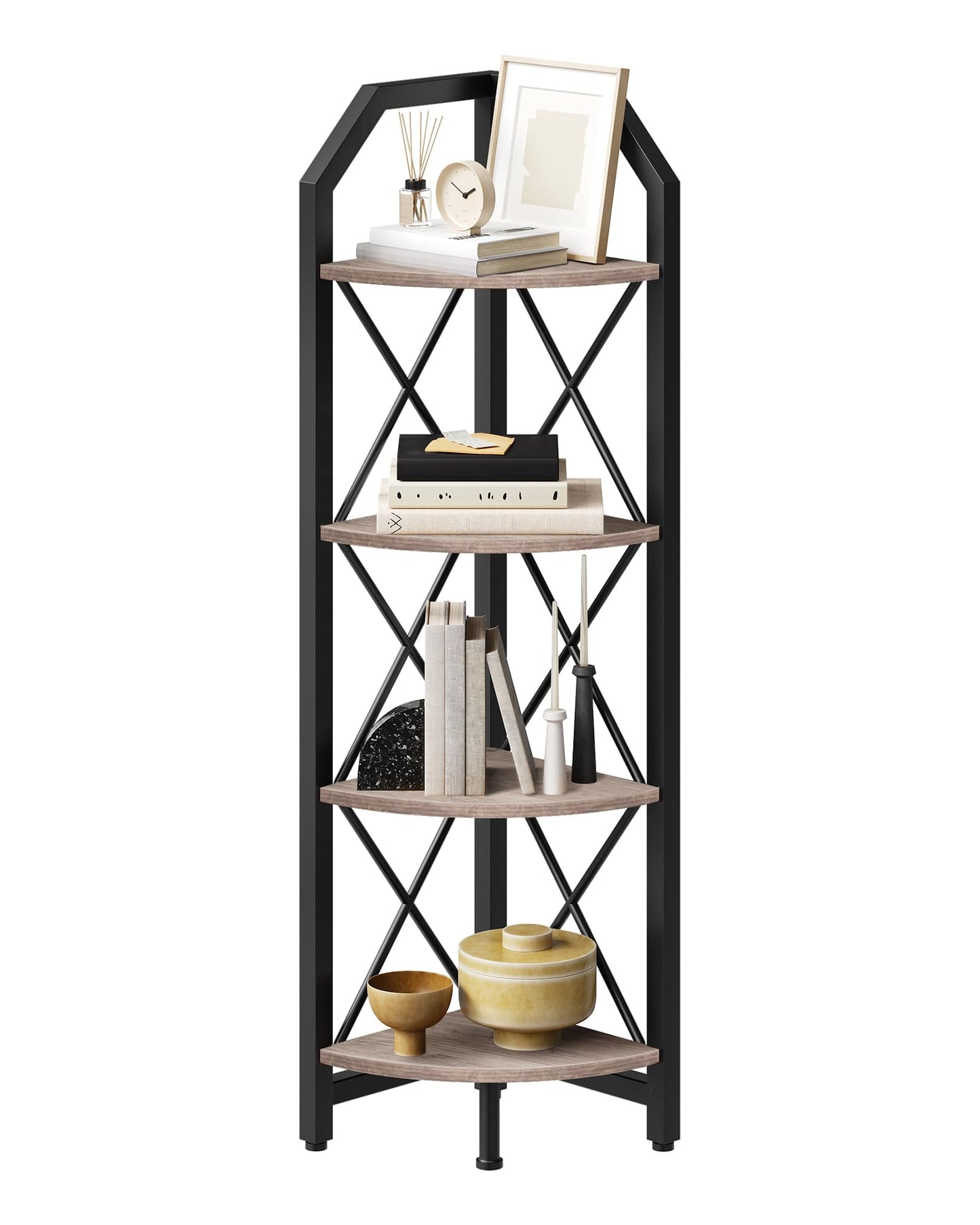 CHOEZON 4-Tier Corner Shelf, Industrial Corner Bookshelf, 47.6" Corner Storage Stand, Plant Stand Display Shelf, Corner Bookcase for Bedroom, Living Room, Home Office, Greige and Black TCJ09BG