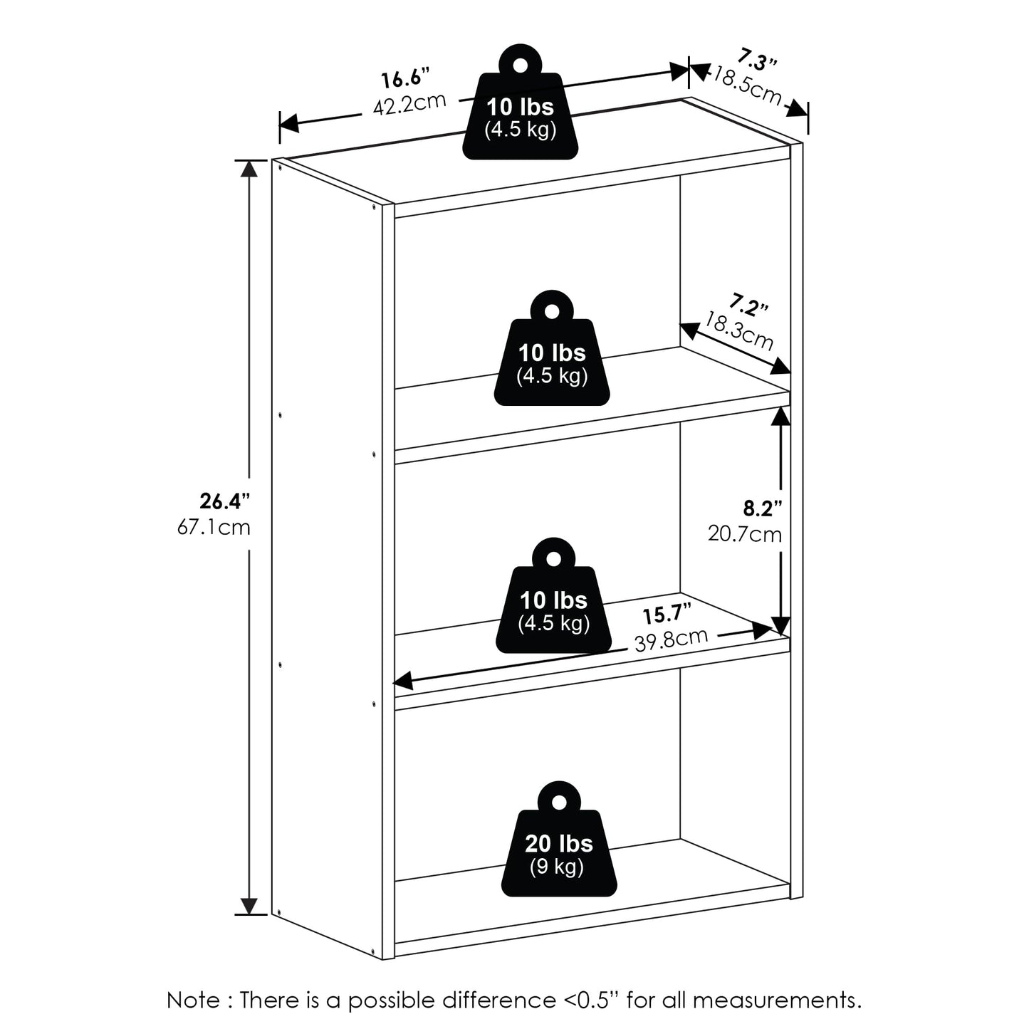 Furinno Basic Book Shelf, 3-Tier Bookshelf, Cube Storage Organizer Bookcase with Open Shelf, 7 x 17 x 26, for Living Room, Bedroom, Home Office, White