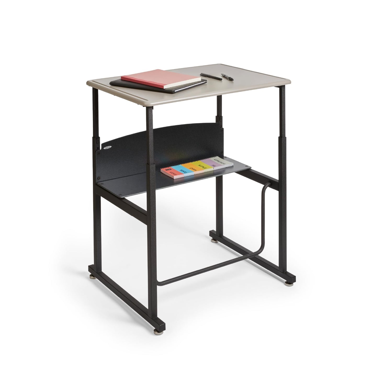 Safco AlphaBetter Student Standing Desk, Adjustable Height with Shelf and Swinging Pendulum Foot Rest, 28" W x 20" D, Gray