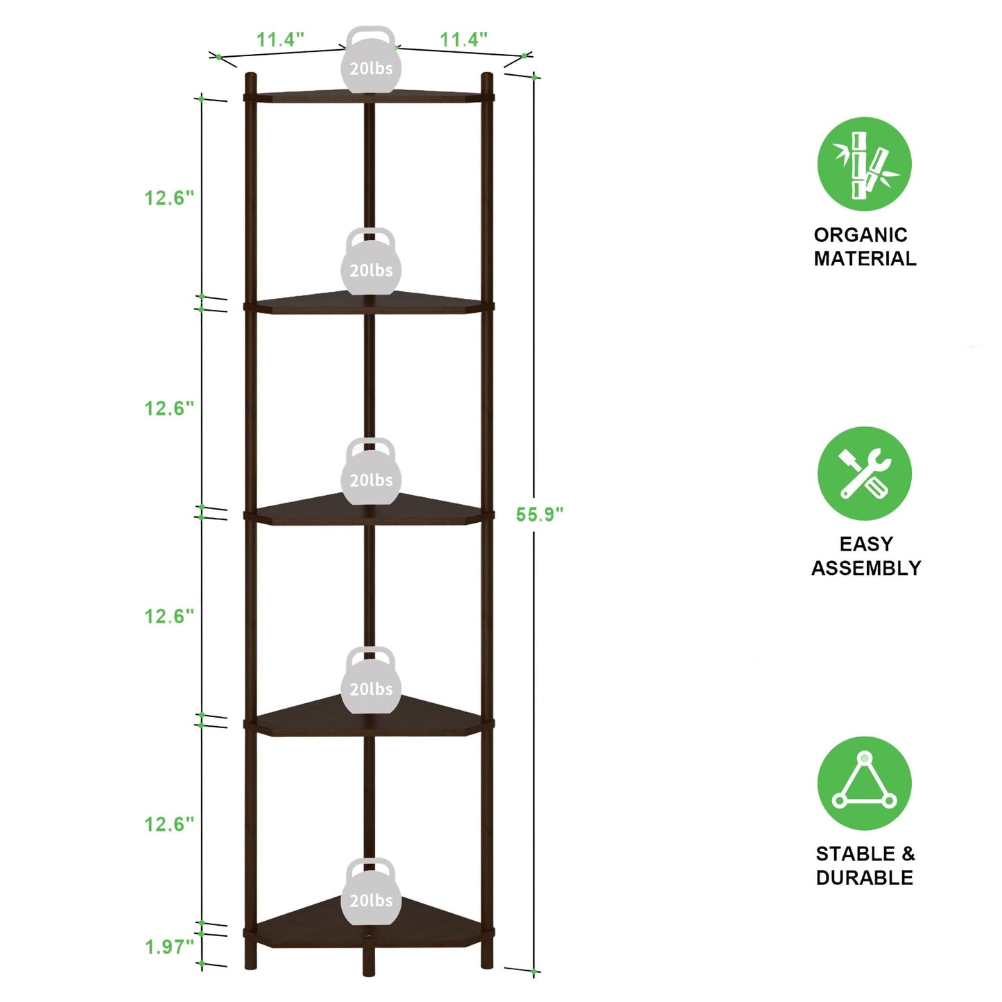 Wisuce Corner Shelf Stand - 5 Tier Walnut Bamboo Small Corner Bookshelf for Office Kitchen Bedroom Plant Stand Living Room Decor Small Space