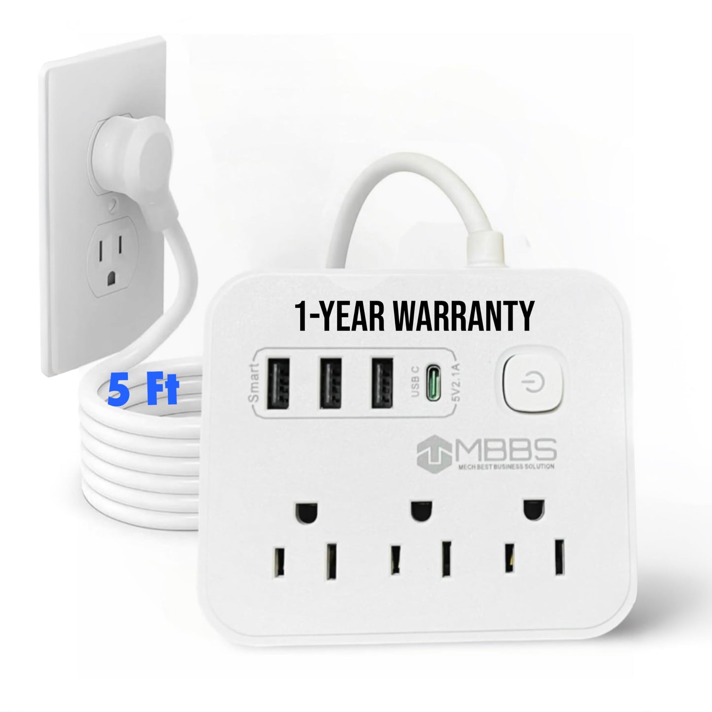 Surge Protector Power Strip with USB C, Heavy Duty Extension Cord – (7-in-1) 3 AC Outlets, 4 USB Ports, LED On/Off Switch – Compact & Travel Friendly – Home, Office. (5ft)