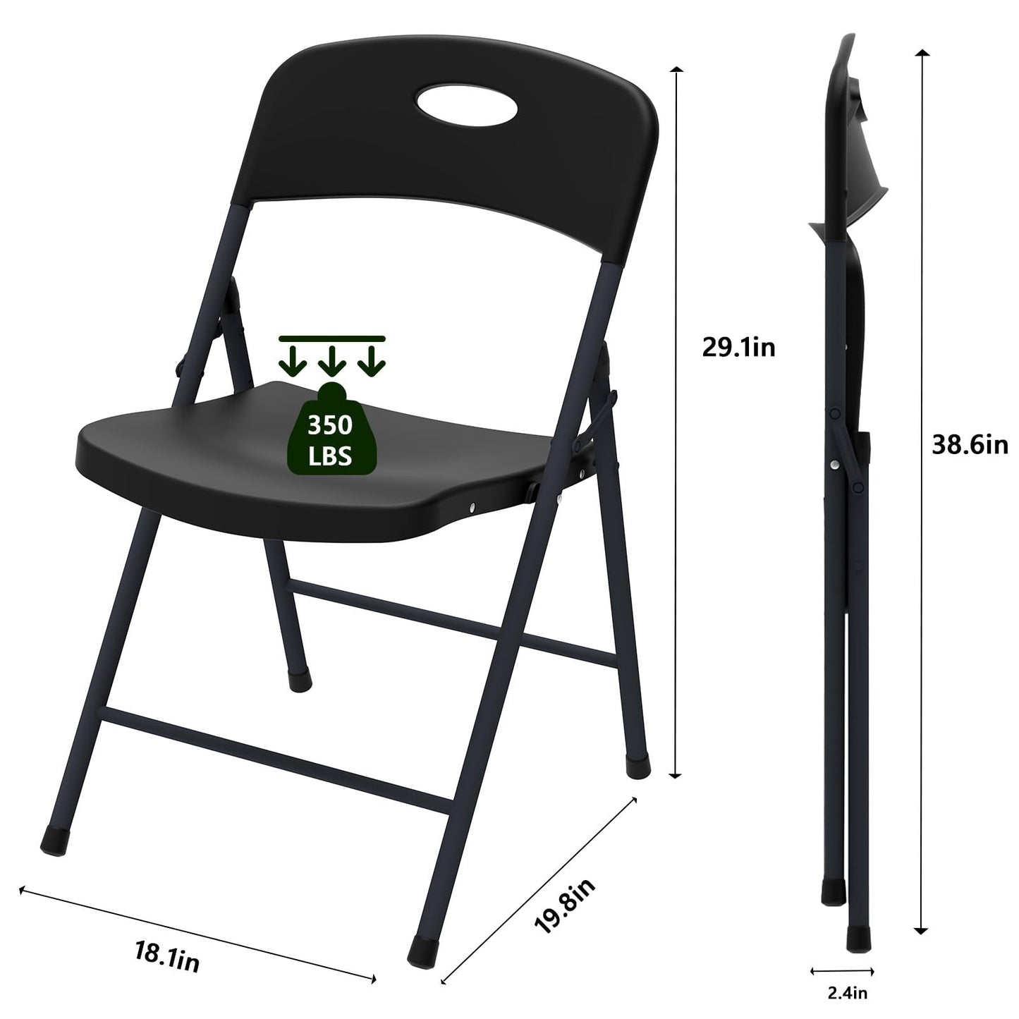 MAKE CHANGES Black Folding Chairs 6 Pack, Outdoor Portable Plastic Foldable Chairs with Metal Frame, 350lbs Capacity Heavy Duty Folding Chairs for Patio, Picnic, Kitchen, Dining, Party