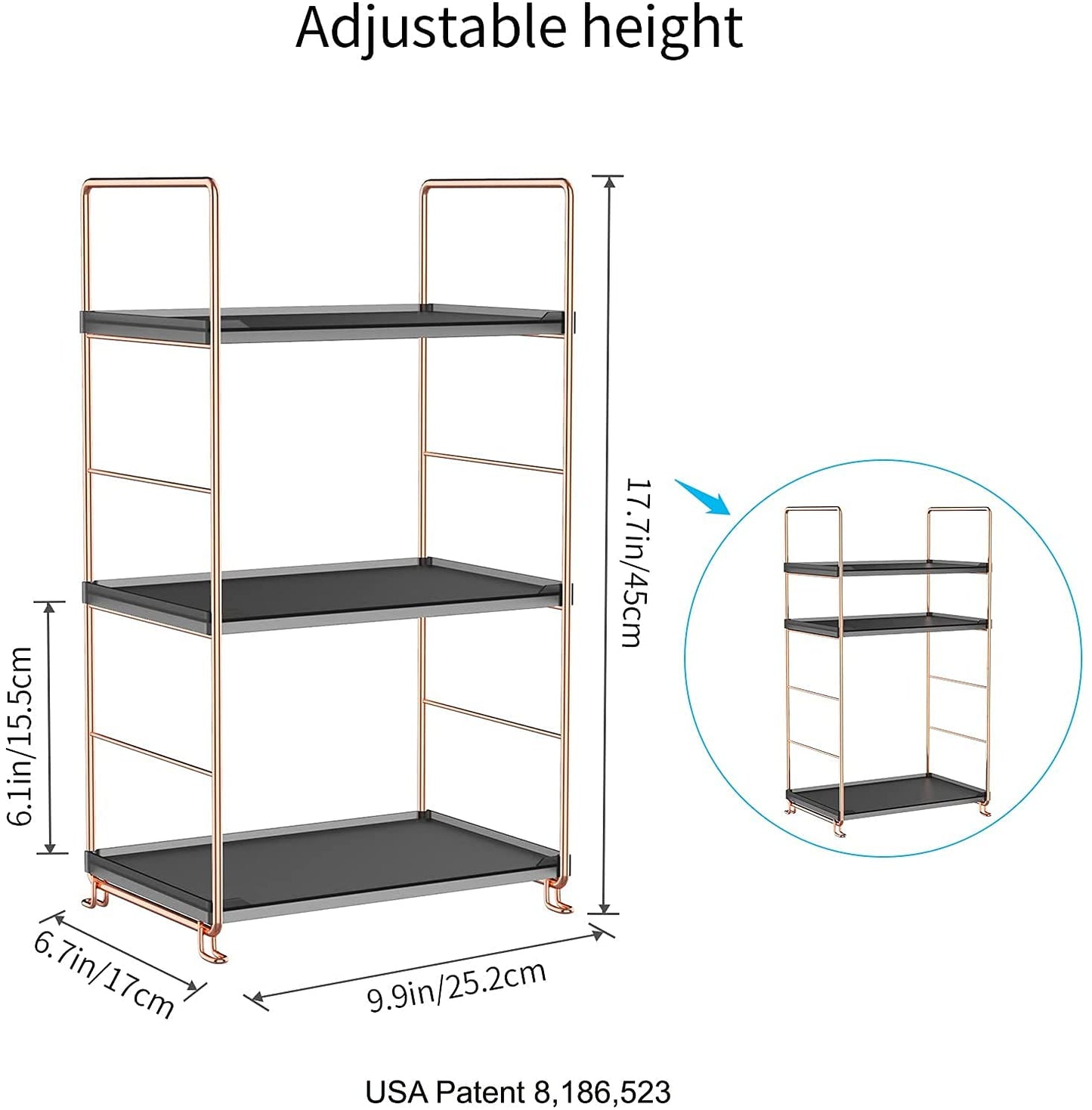 Plastic/Metal Freestanding Stackable Organizer Shelf,Bathroom Countertop Storage Shelf Cosmetic Organizer Holder Kitchen Spice Rack,3-Tier Standing Rack (Rose Gold@Black)