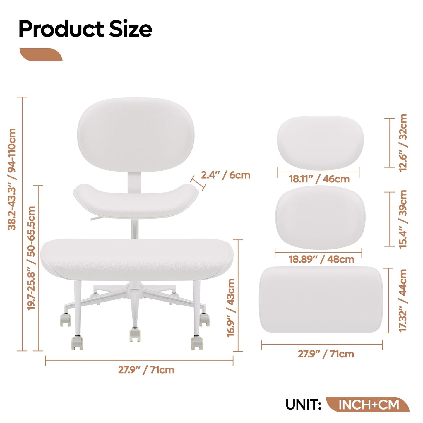 Cross Legged Office Chair with Wheels for ADHD, Ergonomic 360° Swivel Height-Adjustable Meditation Chair for Yoga, Wide Kneeling Chair with Strong Lumbar Support, PU Leather, Off White