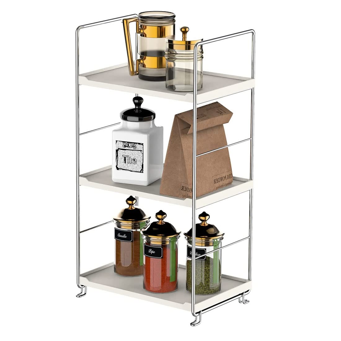 3-Tier Bathroom Countertop Organizer -Makeup Organizer -Corner Storage Shelf- Kitchen Spice Rack Standing Shelf-Great for Vanity, Bathroom, Bedroom, Kitchen (Silver & White)