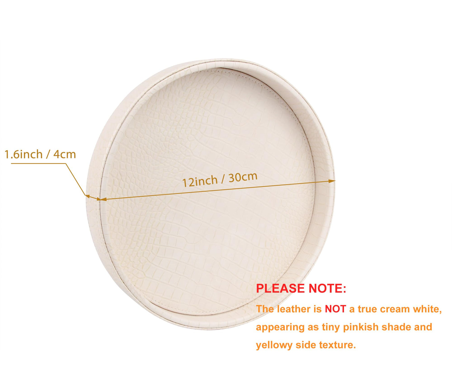 HofferRuffer Faux Leather Round Serving Tray, Vegan Croco Leather Decorative Tray, Food Tray for Storage Drinks, Snack & Cosmetics, Dia.12'' x 1.6'' (CreamWhite/Tiny Yellow)