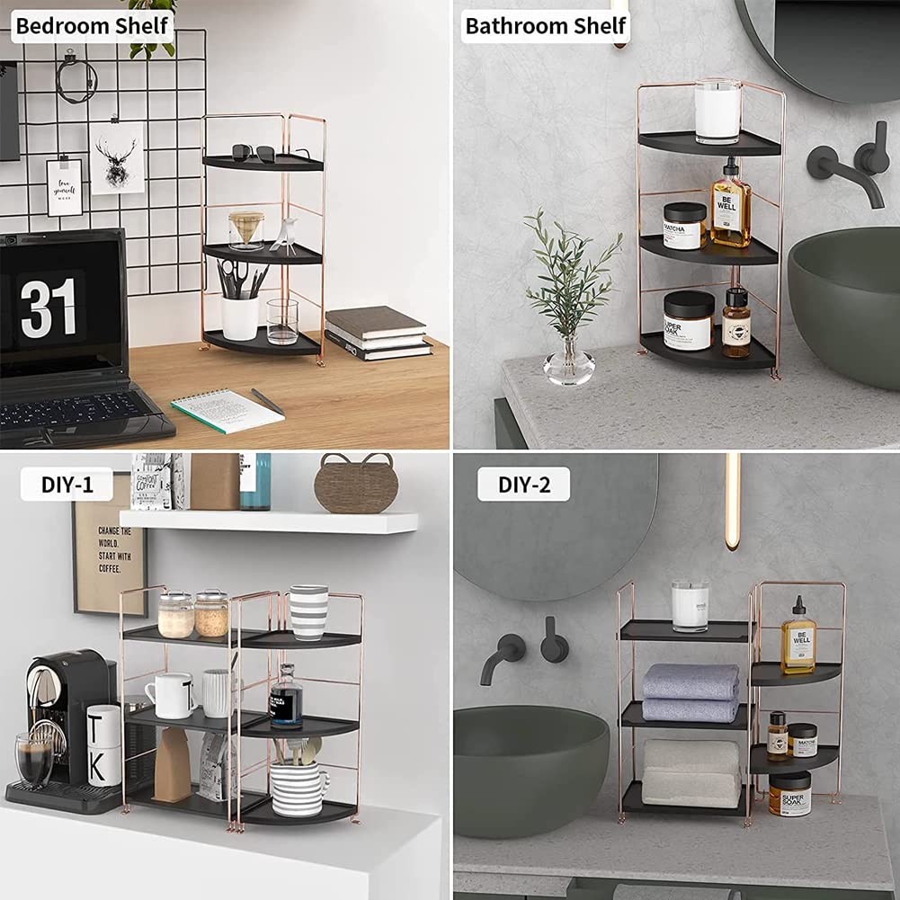 3-Tier Bathroom Countertop Organizer, Vanity Tray Cosmetic & Makeup Storage, Kitchen Spice Rack Standing Shelf, Corner Storage Shelf, Black & Rose Gold