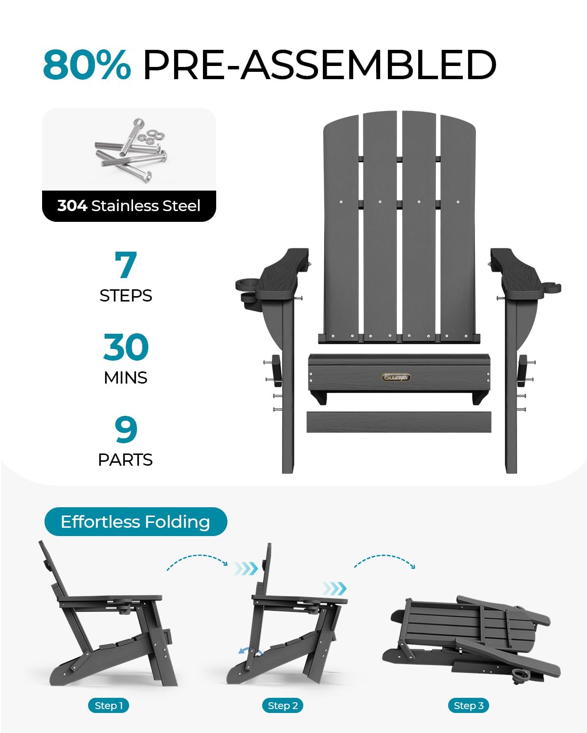 SUUNYN Folding Adirondack Chair, HDPE Adirondack Chairs with 2 Cup Holder, Plastic All-Weather Fire Pit Chairs, Outdoor Lawn Chair for Patio Garden (Grey)