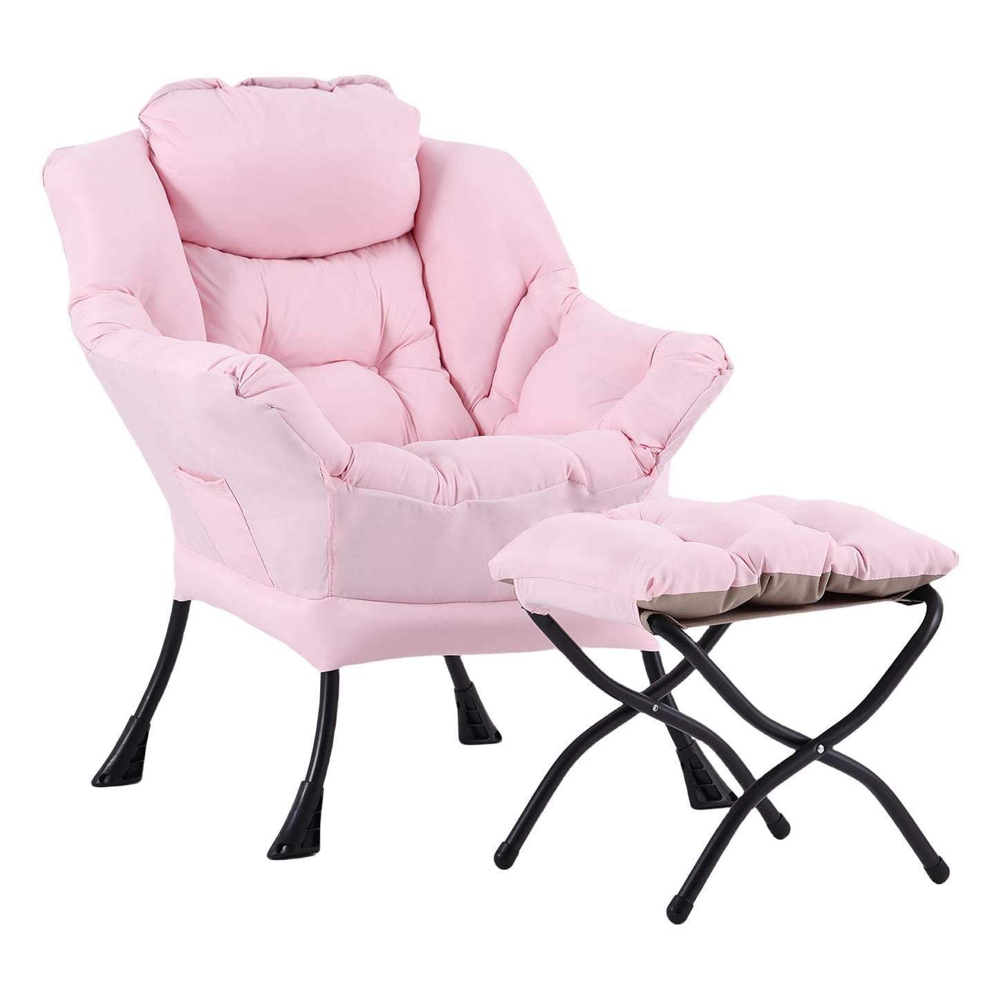 LITA Lazy Chair with Ottoman, Modern Accent Leisure Upholstered Sofa, Contemporary Lounge Reading Chair with Armrests and a Side Pocket for Living Room, Bedroom & Small Space, Pink
