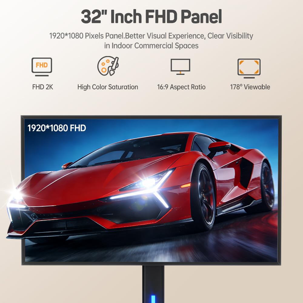 JASZDOT 32 Inch Digital Signage Display on Wheels, Portable LCD Touch Digital Kiosk with Adjustable Rolling Stand, Phone App Control Android 14 Advertising Display Poster, Auto Media Player, HDMI/USB