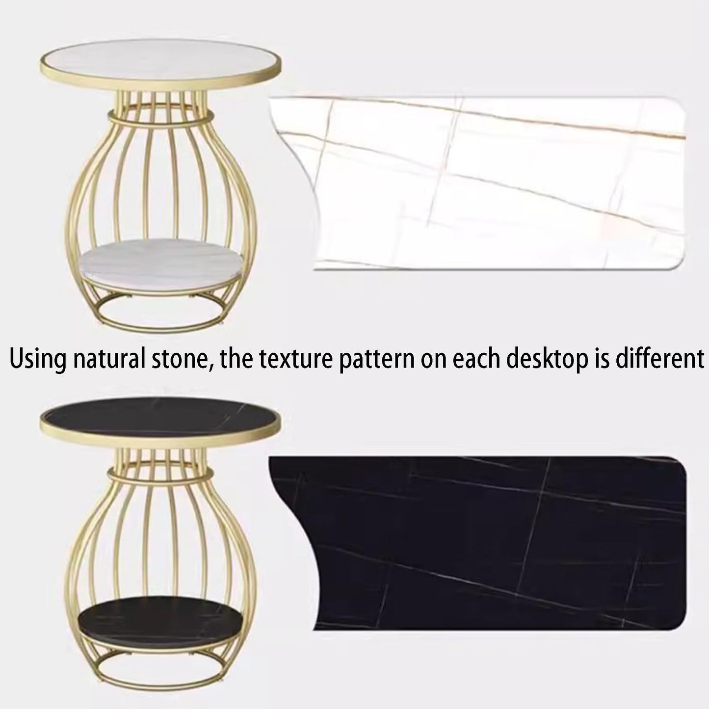 End Table Round Vintage, 2-Tier Metal Side Table with Shelf Storage, Faux Marble Sofa Side Bedside Nightstand, Arc-Shaped Frame Accent Furniture for Living Room