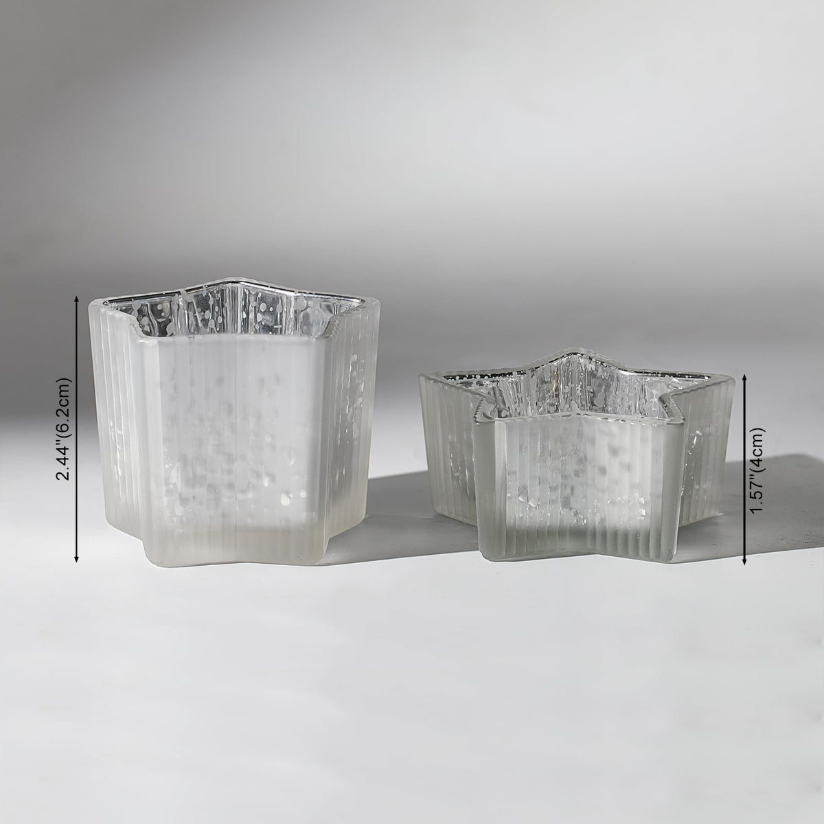 Letine 10pcs Frosted Silver Ribbed Star Candle Cups - Assorted Height Tea Light Candle Holders, Mercury Glass Votives for Wedding, Fall Table Centerpiece& Holiday Decorations (Tall 2.44", Short 1.57")