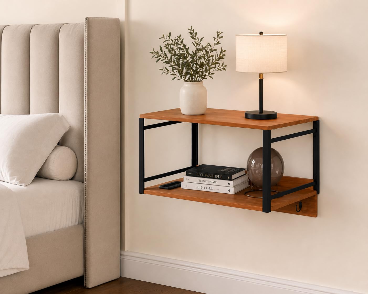 Wall Mounted Nightstand with Storage Shelf, Floating Bedside Table with Hooks, Space-Saving Modern Nightstand for Bedroom, Dorm Room, or Small Spaces