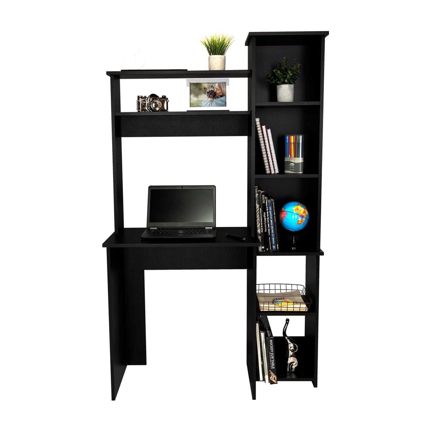 Tuhome Versalles Writing Desk with Two Superior Shelves, Five Side Open Storage Compartments, Space-Saving Modern Workstation Design for Studios and Offices, Ideal for Organization, Books