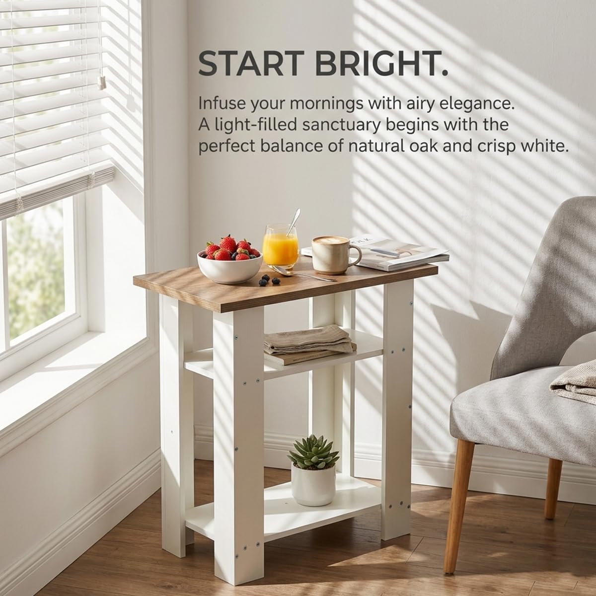 ZEXVIDA White Side Table with Oak Top, 3 Tier Modern Farmhouse End Table, Narrow White Nightstand for Bedroom, Nursery, Living Room, Coastal Small Bedside Table with Storage Shelves, 22.8" H