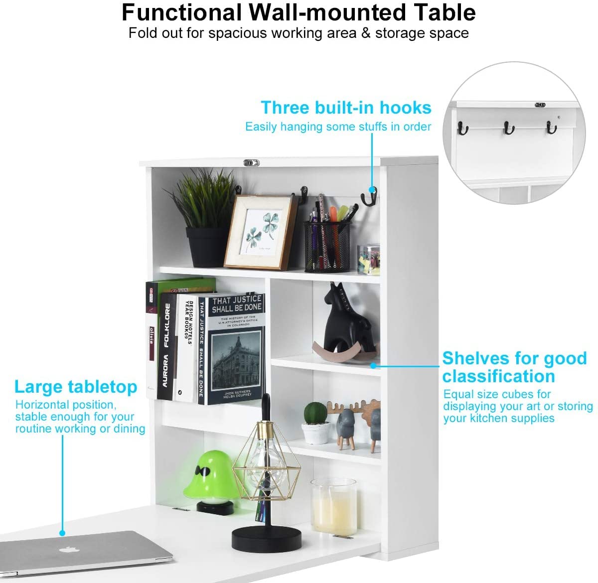 GRAFFY Wall Mounted Folding Desk, Floating Desk with Chalkboard, Multi-Function Wall Mounted Table with Storage Shelves & Hooks, Computer Desk Laptop Workstation Home Office (White)