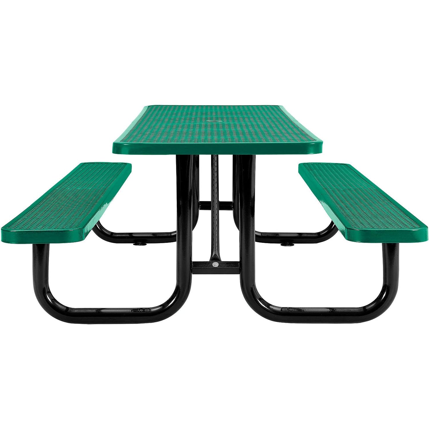 Global Industrial 8’L Rectangular Picnic Table, Expanded Metal, Green Thermoplastic Coating, Attached Benches, 1-1/2” Umbrella Pole Hole, Outdoor-Rated, 1000 lb Capacity, 96” x 30” Tabletop
