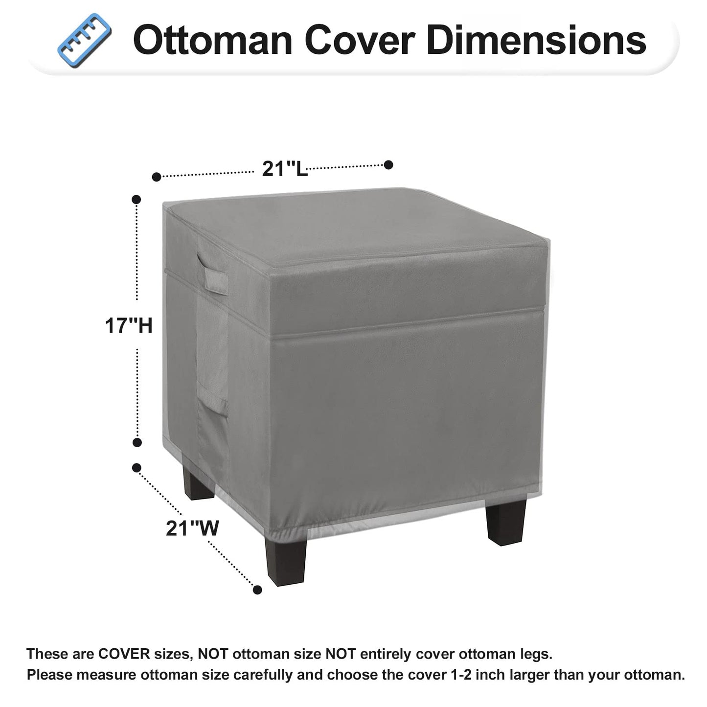 OutdoorLines Outdoor Waterproof Patio Ottoman Covers - Square UV-Proof Patio Side Table Cover Windproof Heavy-Duty Furniture Covering Protector 21L x 21W x 17H Inch, Grey