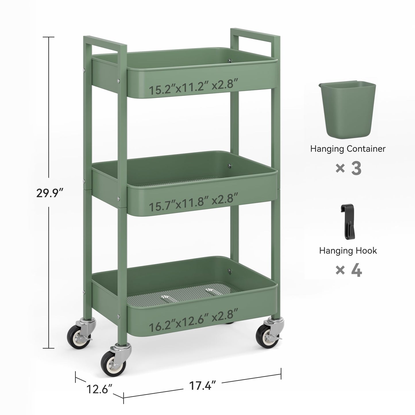 Nunsino 3 Tier Rolling Cart,Utility Cart with Locking Wheels, Hanging Cups,&Hooks, Heavy Duty Metal Storage Organizer Cart for Kitchen,Office, Bathroom,Craft Room,Green