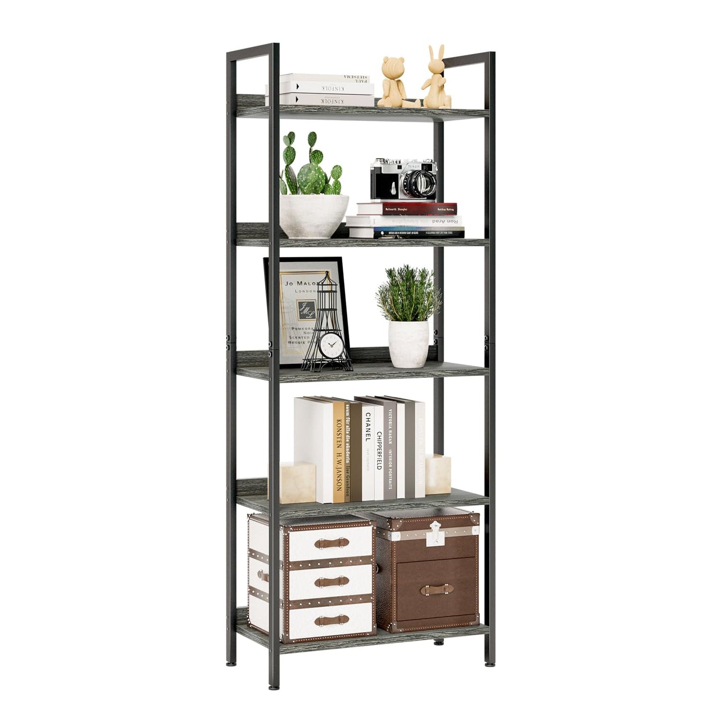 NUMENN Bookshelf, 5 Tier Bookshelves, Home Office Bookcase Shelf Storage Organizer, Free Standing Storage Shelving Unit for Bedroom, Living Room and Home Office, Dark Grey
