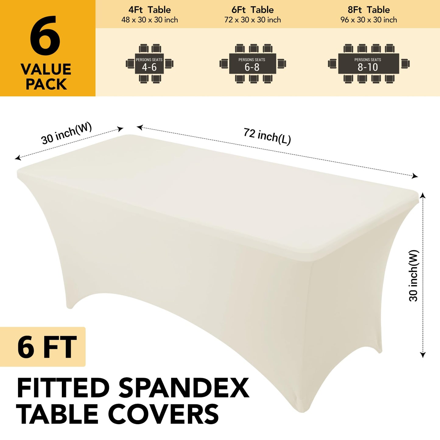 Dailyset 6-Pack Premium Cream Spandex Tablecloths for 6ft Rectangle Tables, Stain & Wrinkle-Resistant, Washable Stretch Polyester Fitted Table Cover for Weddings, Banquets, Trade Shows Events