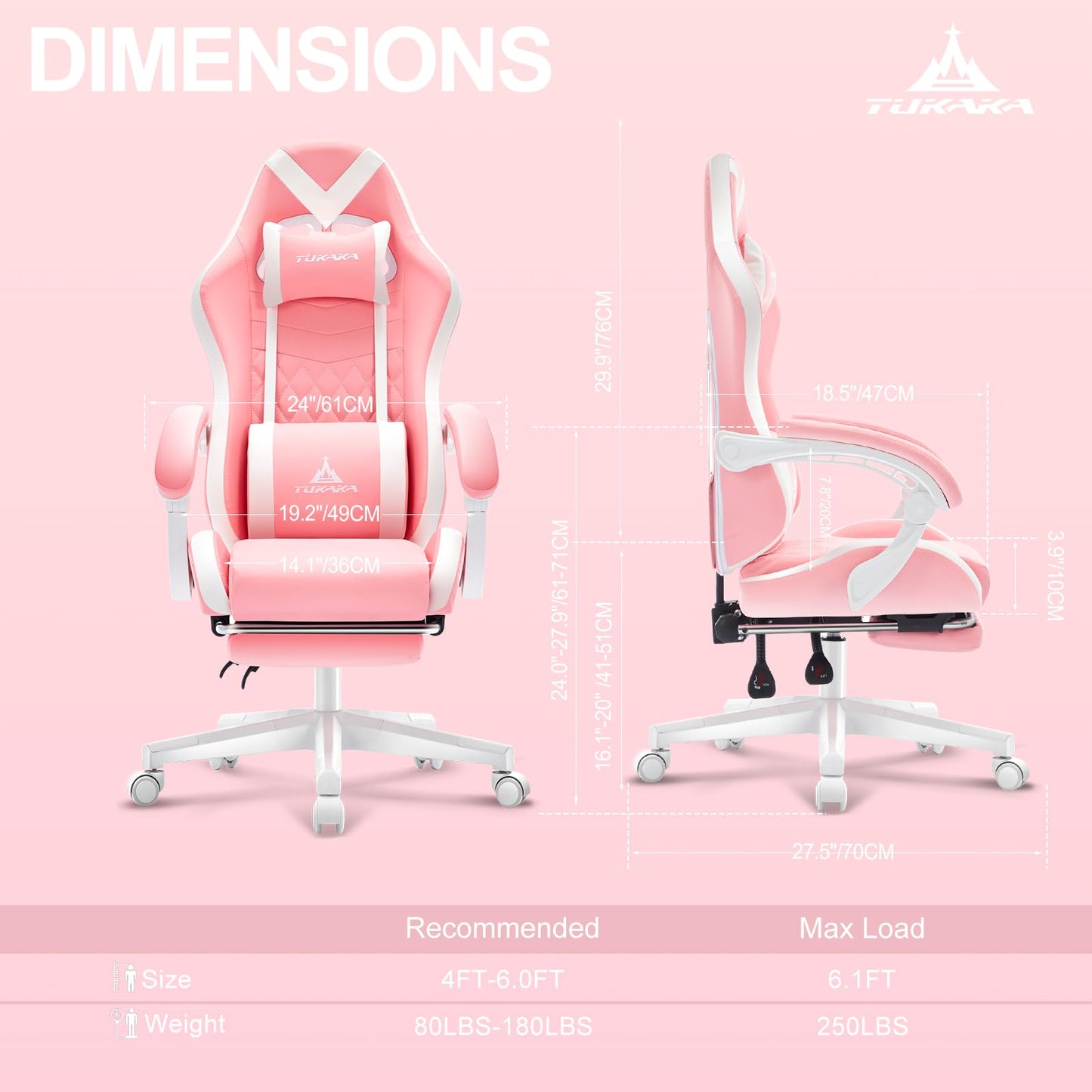TUKAKA Pink Gaming Chair,Ergonomic Massage Computer Office Desk Chai r with Footrest,Pocket Spring Cushion,Reclining Leather Adjustable Gamer Chair with Headrest and Lumbar Support,Pink