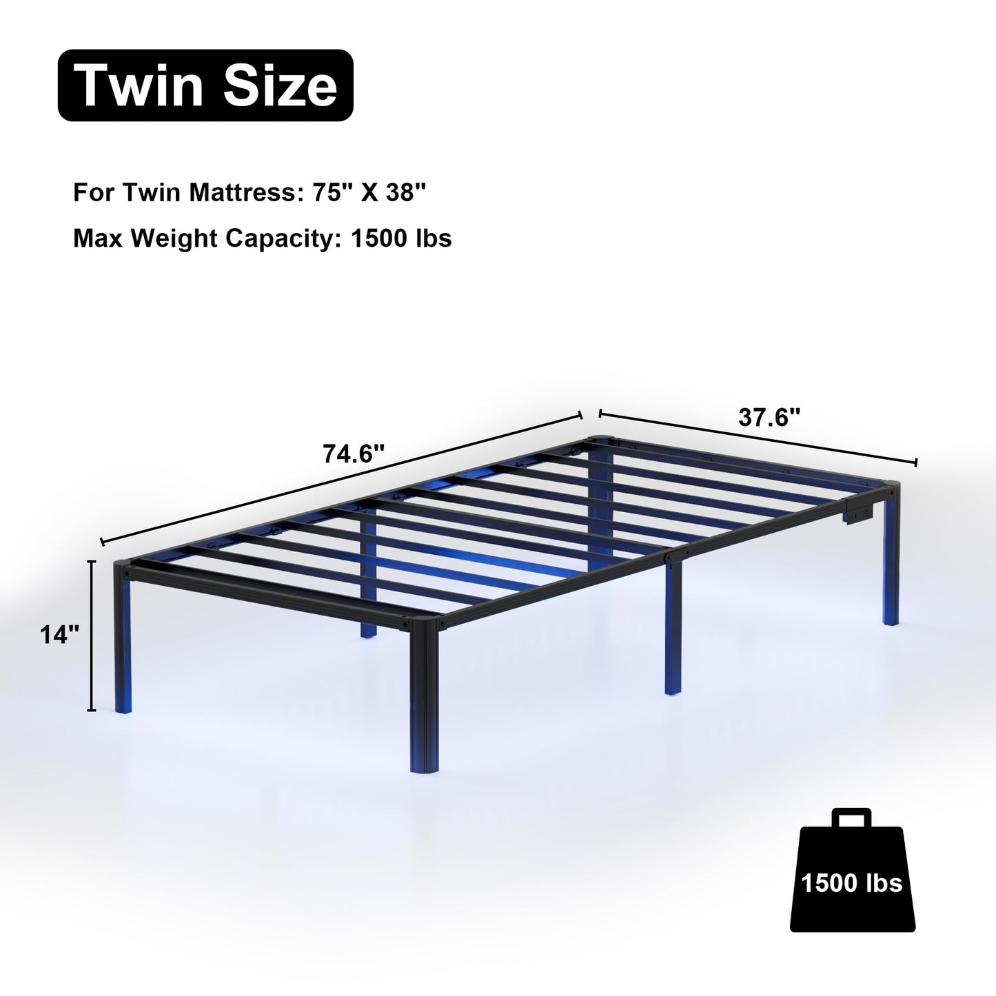 DORITRON Twin Bed Frame with Led Lights, 14 inch Heavy Duty Metal Platform Bed Frame Twin Size with Charging Station, No Box Spring Needed, Noise-Free