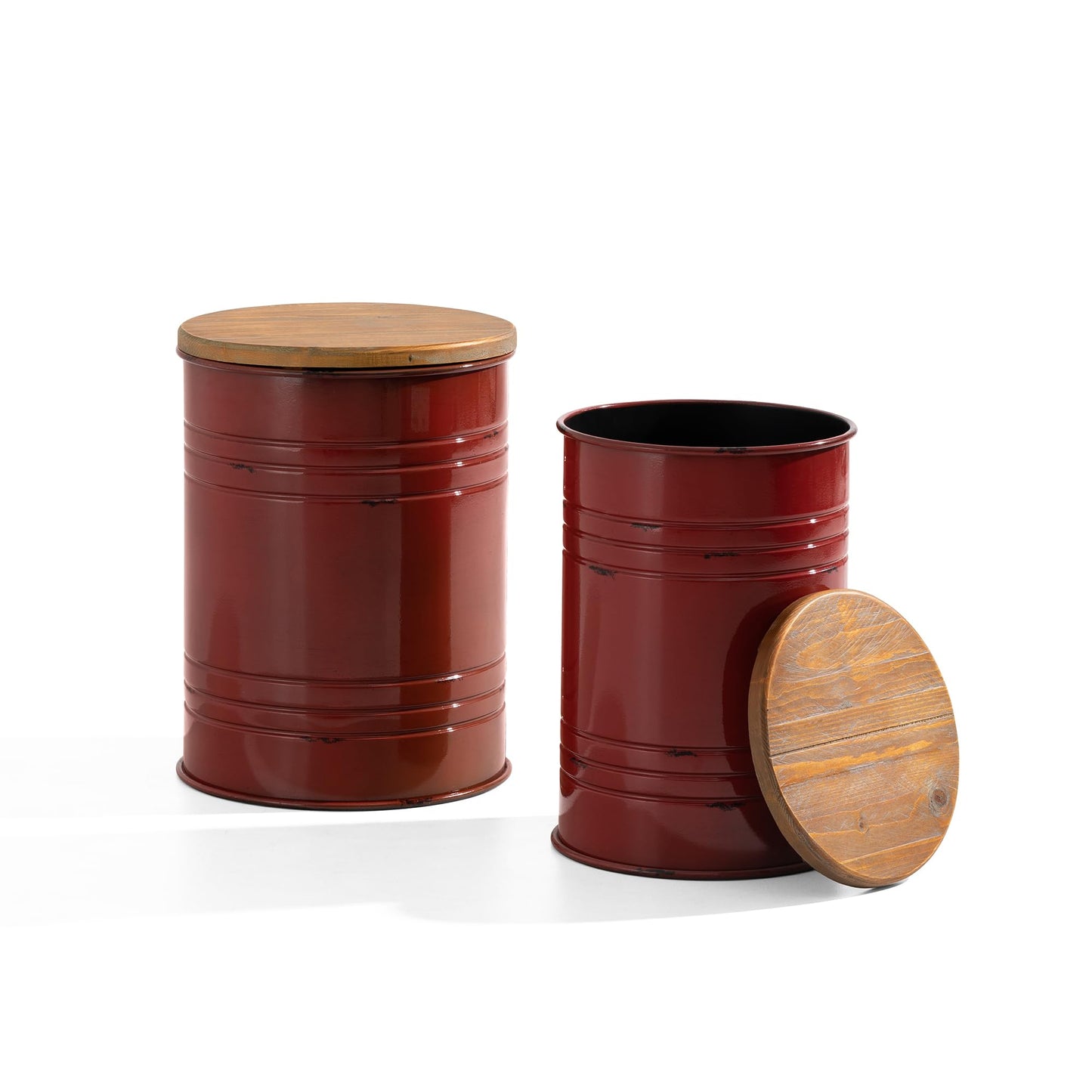 Glitzhome Rustic End Table Set of 2, Farmhouse Galvanized Metal Barrel Ottoman Storage Stool with Round Wood Lid for Living Room Furniture, Red