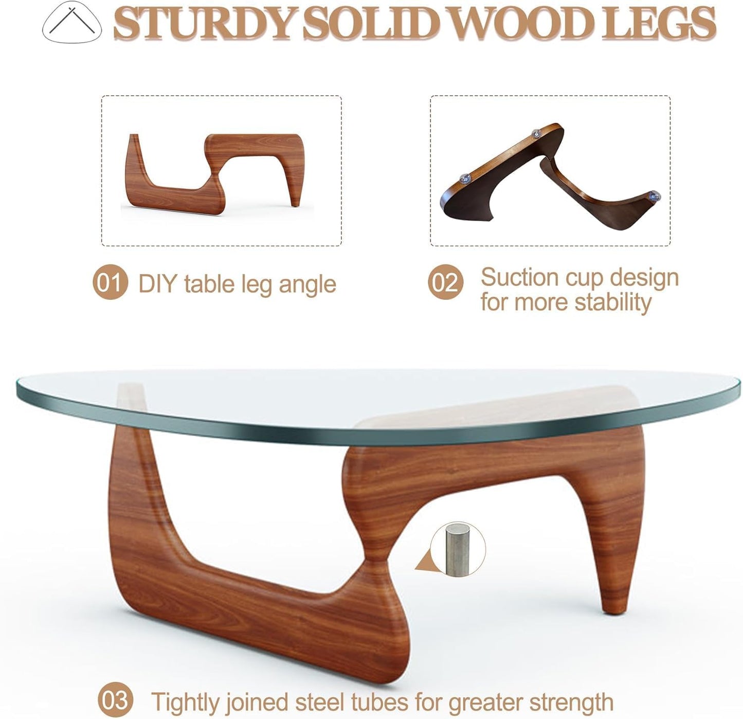 Modern Glass Coffee Table, 45in Large Mid Century Coffee Table, Unique Wooden Triangle Center Tables with Wood Legs, for Bedroom Living Room Reception Office(Walnut Transparent, 45in) 1